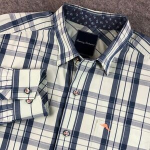 Tommy Bahama Shirt Mens Medium Light Green Plaid Pima Cotton Long Sleeve